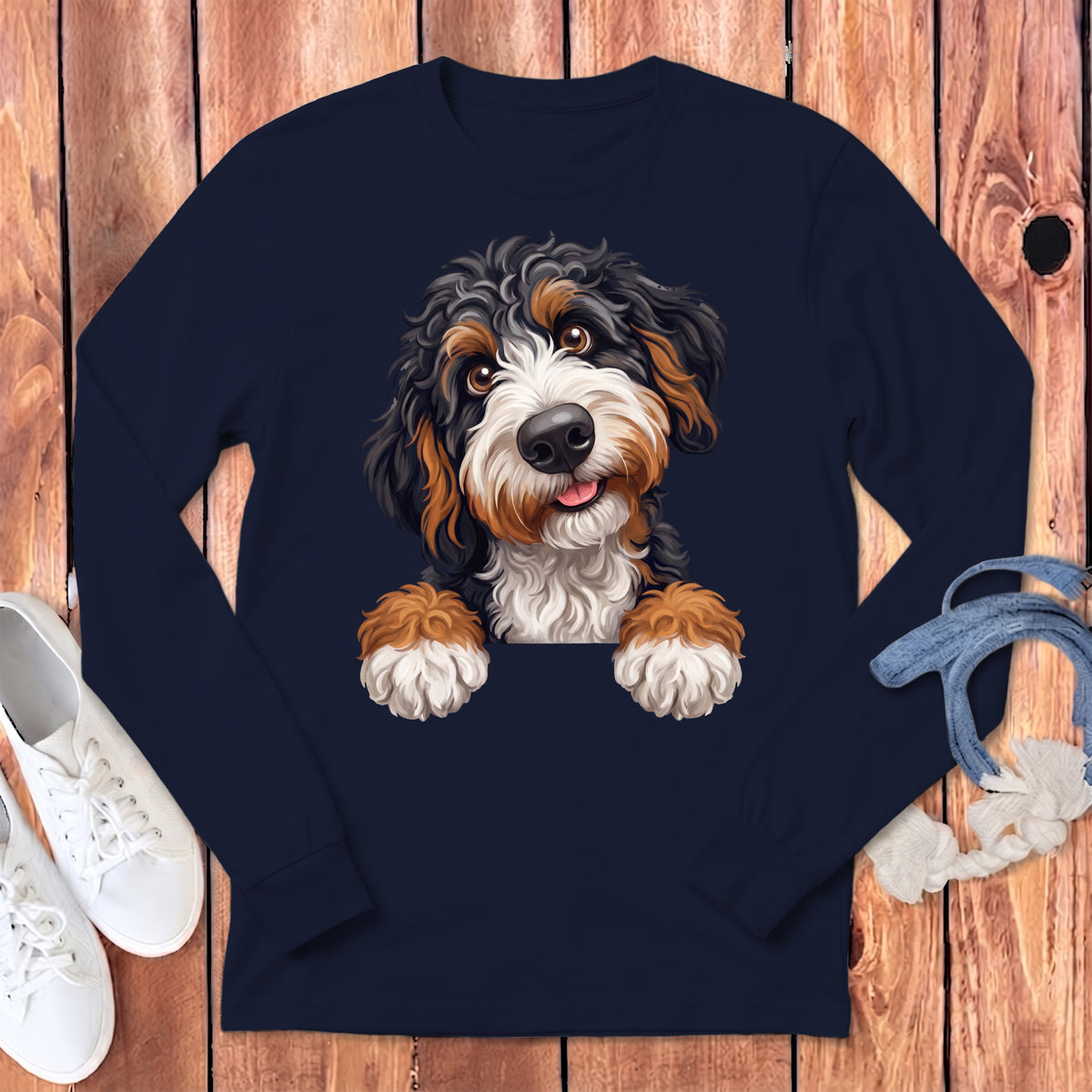 Long sleeve navy t-shirt with a cartoon Bernese Mountain Dog graphic.