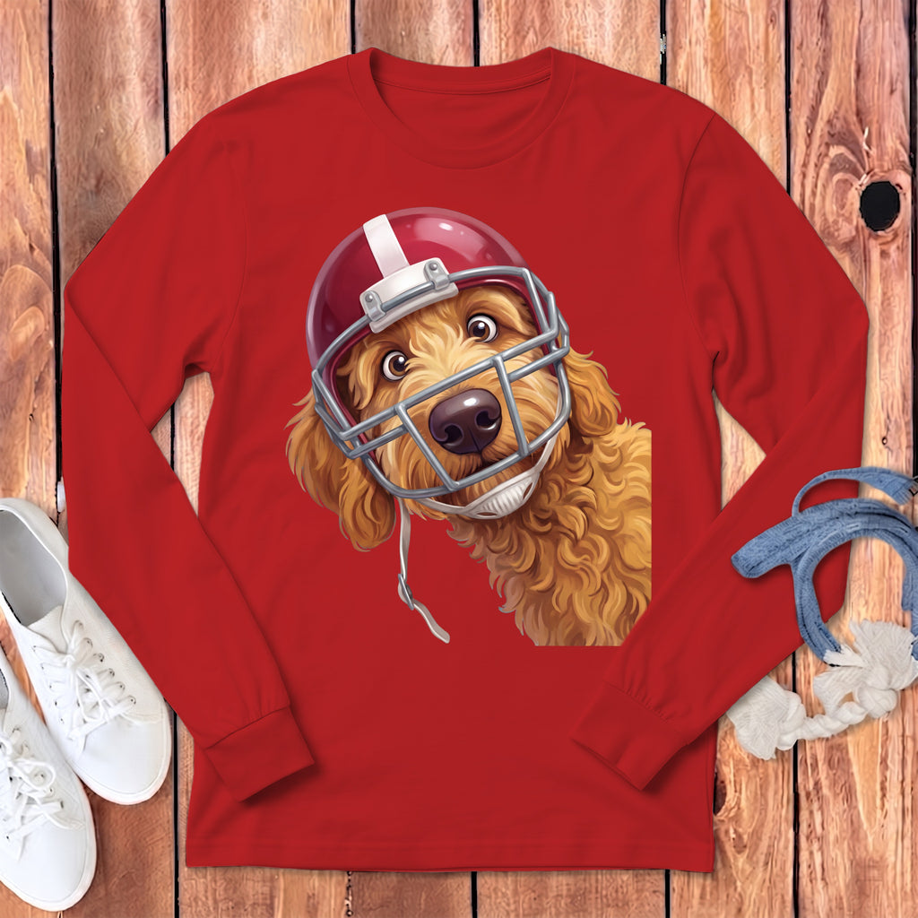 Red long-sleeve shirt with a goldendoodle wearing a football helmet graphic.