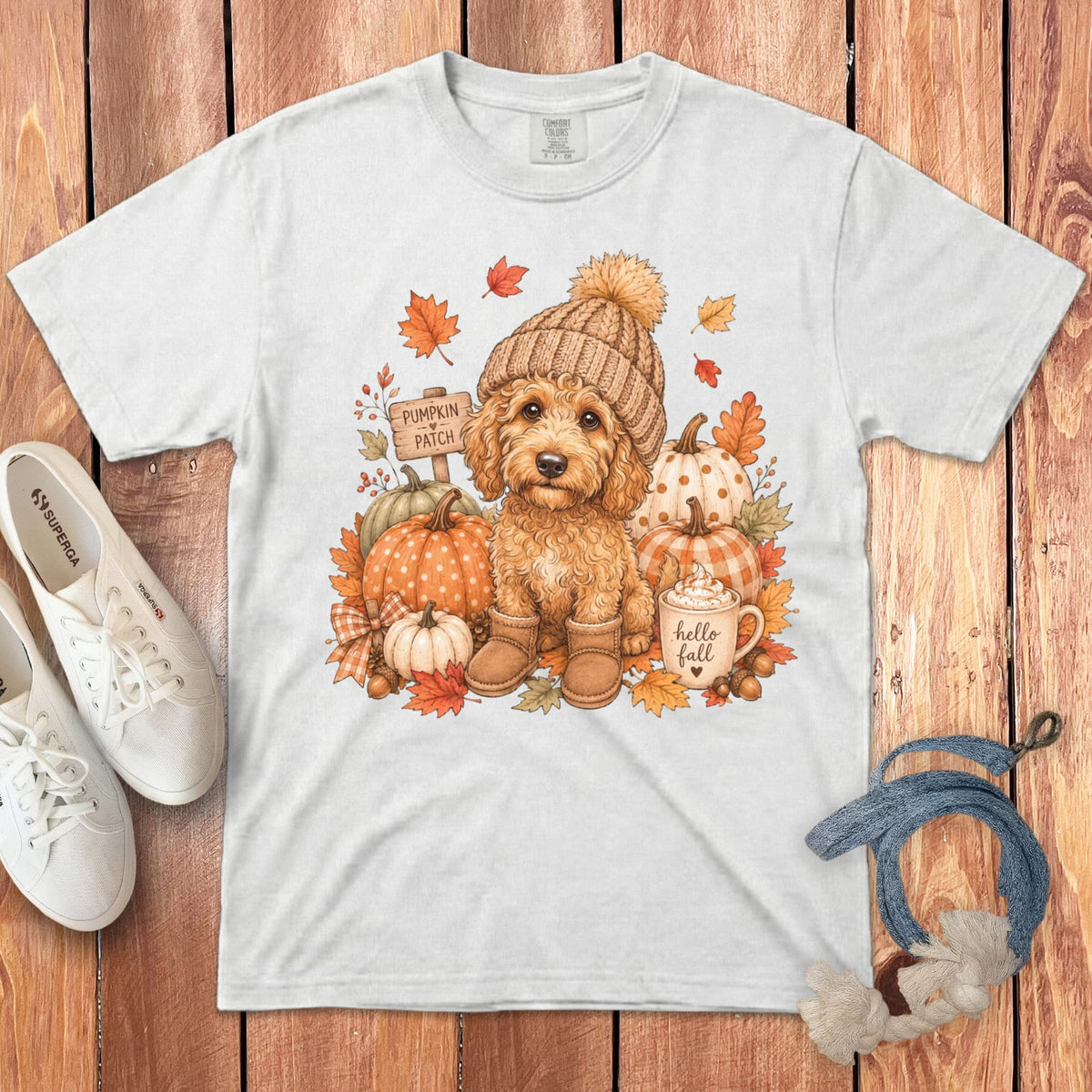 Apricot Goldendoodle Pumpkin Patch Signature T-Shirt in White / S by Puppy Jo