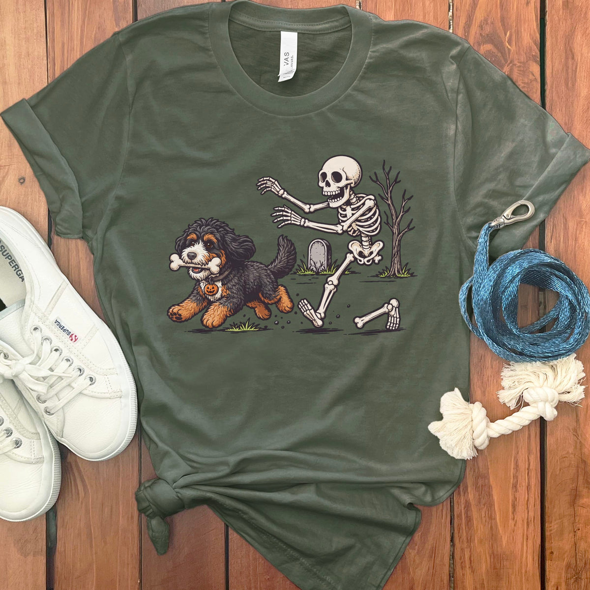 Bernedoodle Bone Thief T-Shirt in Military Green / S by Puppy Jo