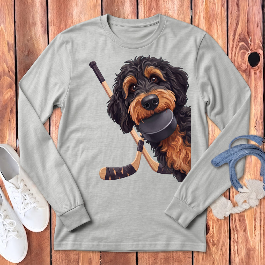 Phantom Goldendoodle Hockey Long Sleeve T-Shirt in Athletic Heather / S by Puppy Jo
