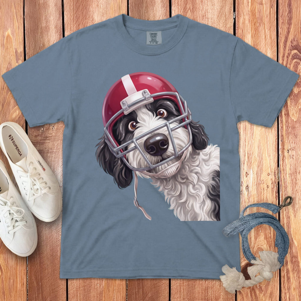 Gray t-shirt with a black and white dog wearing a red football helmet.
