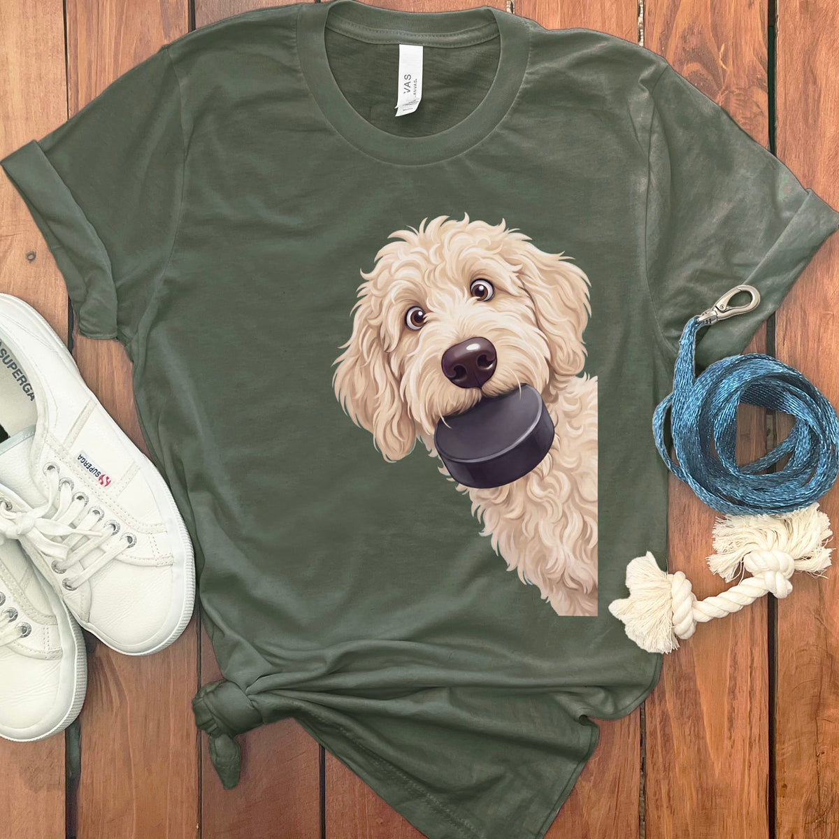 Cream Goldendoodle Hockey Puck T-Shirt in Military Green / S by Puppy Jo
