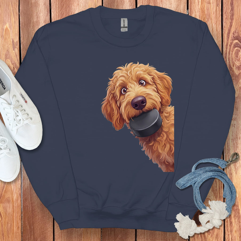 Apricot Goldendoodle Hockey Puck Sweatshirt in Navy / S by Puppy Jo