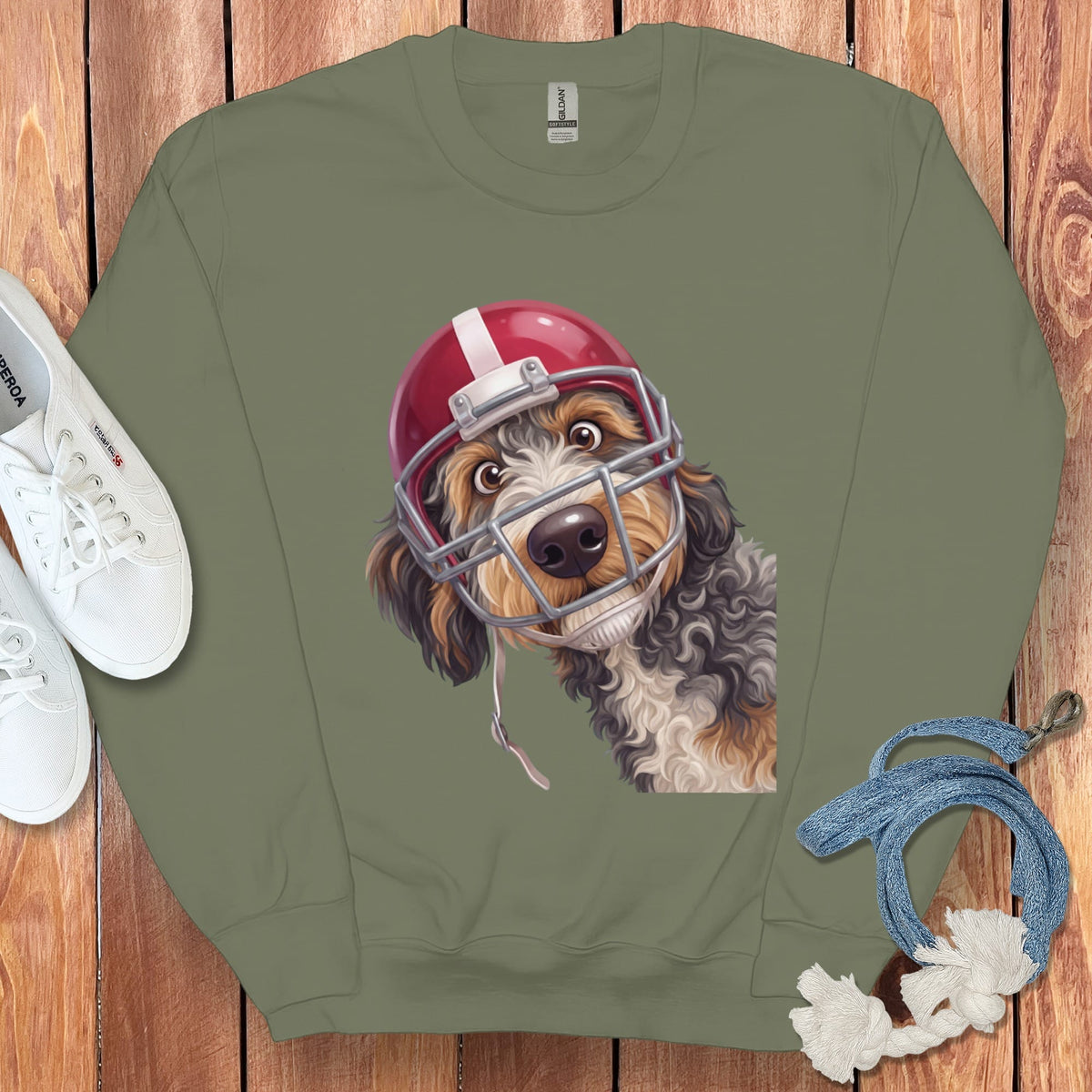 Aussiedoodle Football Helmet Sweatshirt in Military Green / S by Puppy Jo