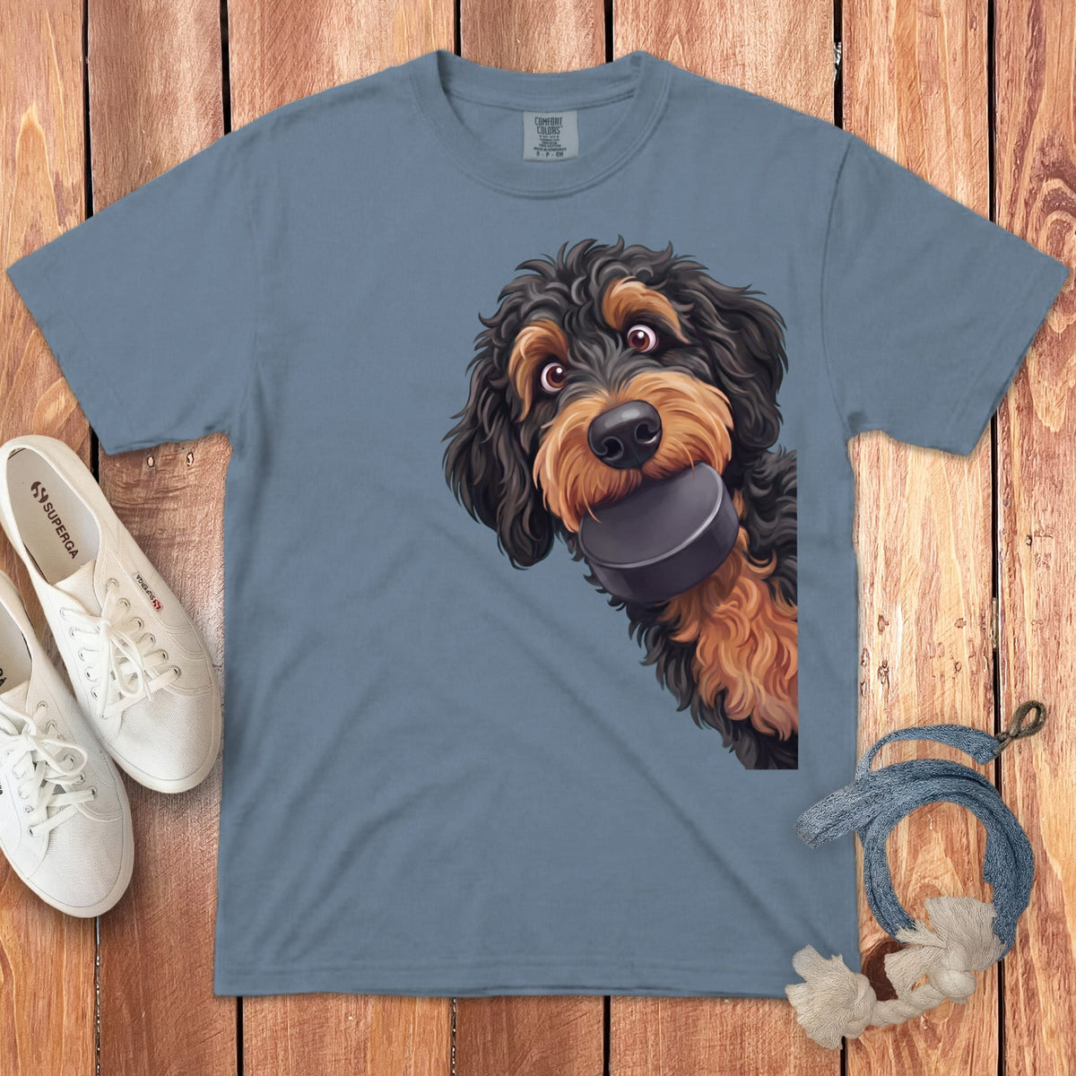 Phantom Goldendoodle Hockey Puck Signature T-Shirt in Blue Jean / S by Puppy Jo