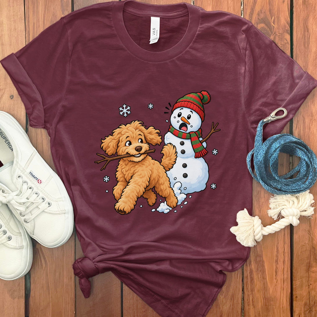 Golden Goldendoodle Snowman T-Shirt in Maroon / S by Puppy Jo