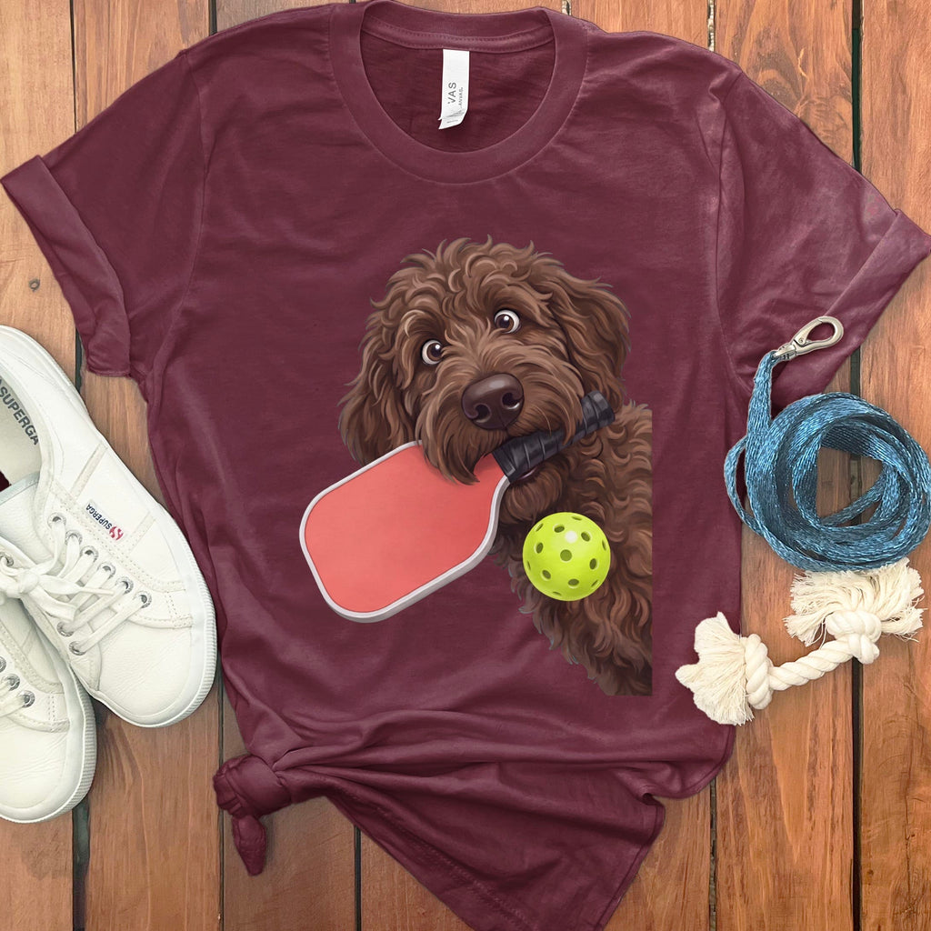 Chocolate Goldendoodle Pickleball T-Shirt in Maroon / S by Puppy Jo