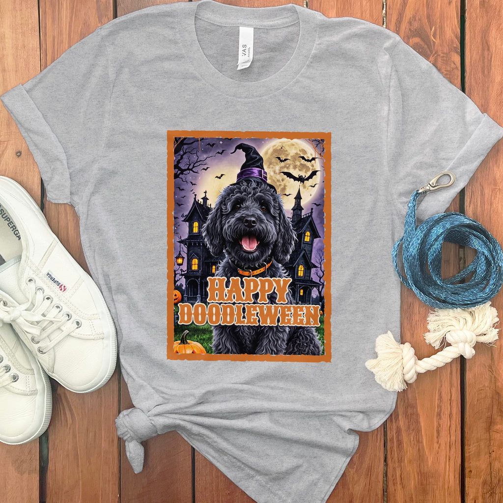 Black Goldnedoodle Happy Doodleween T-Shirt in Athletic Heather / S by Puppy Jo