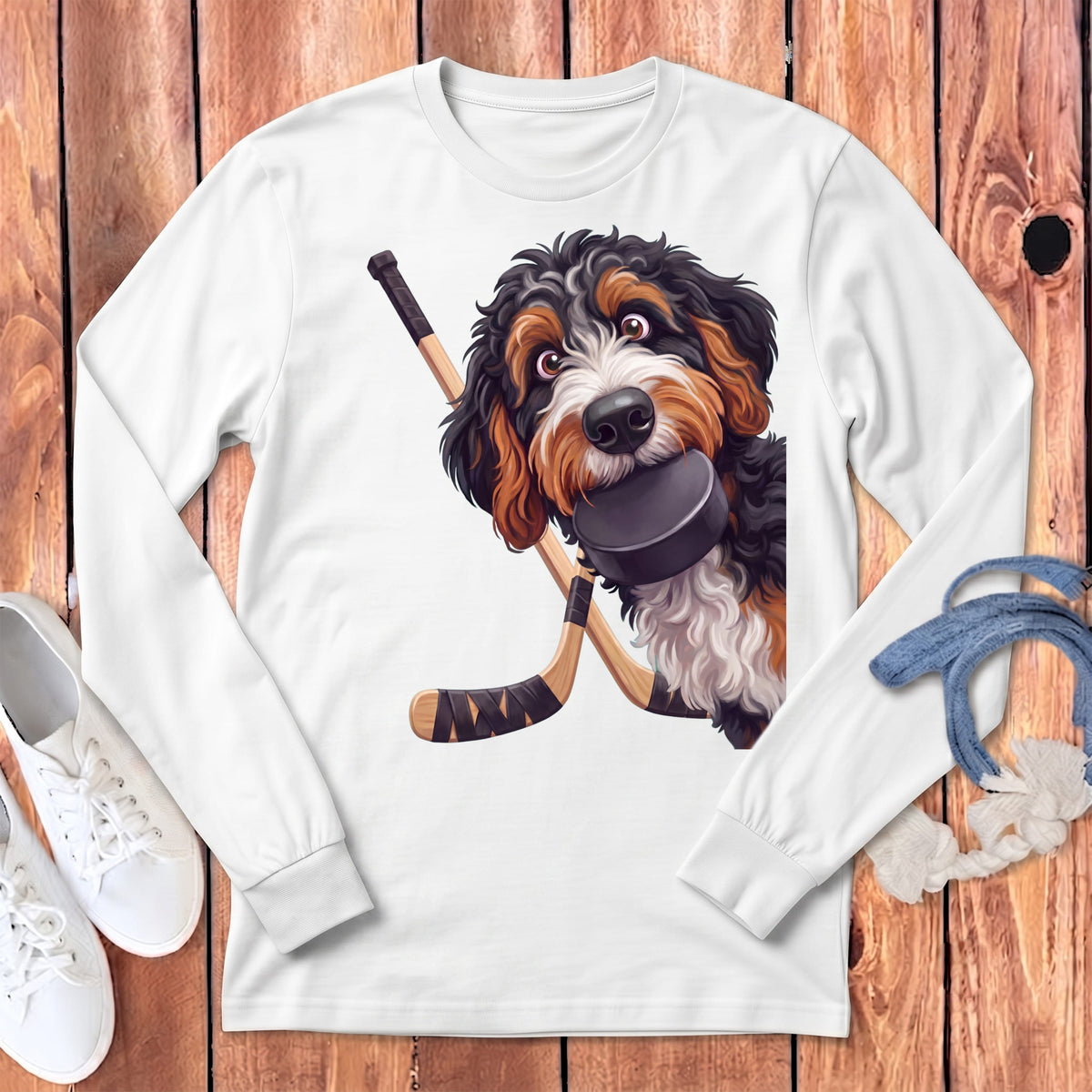 Bernedoodle Hockey Long Sleeve T-Shirt in White / S by Puppy Jo
