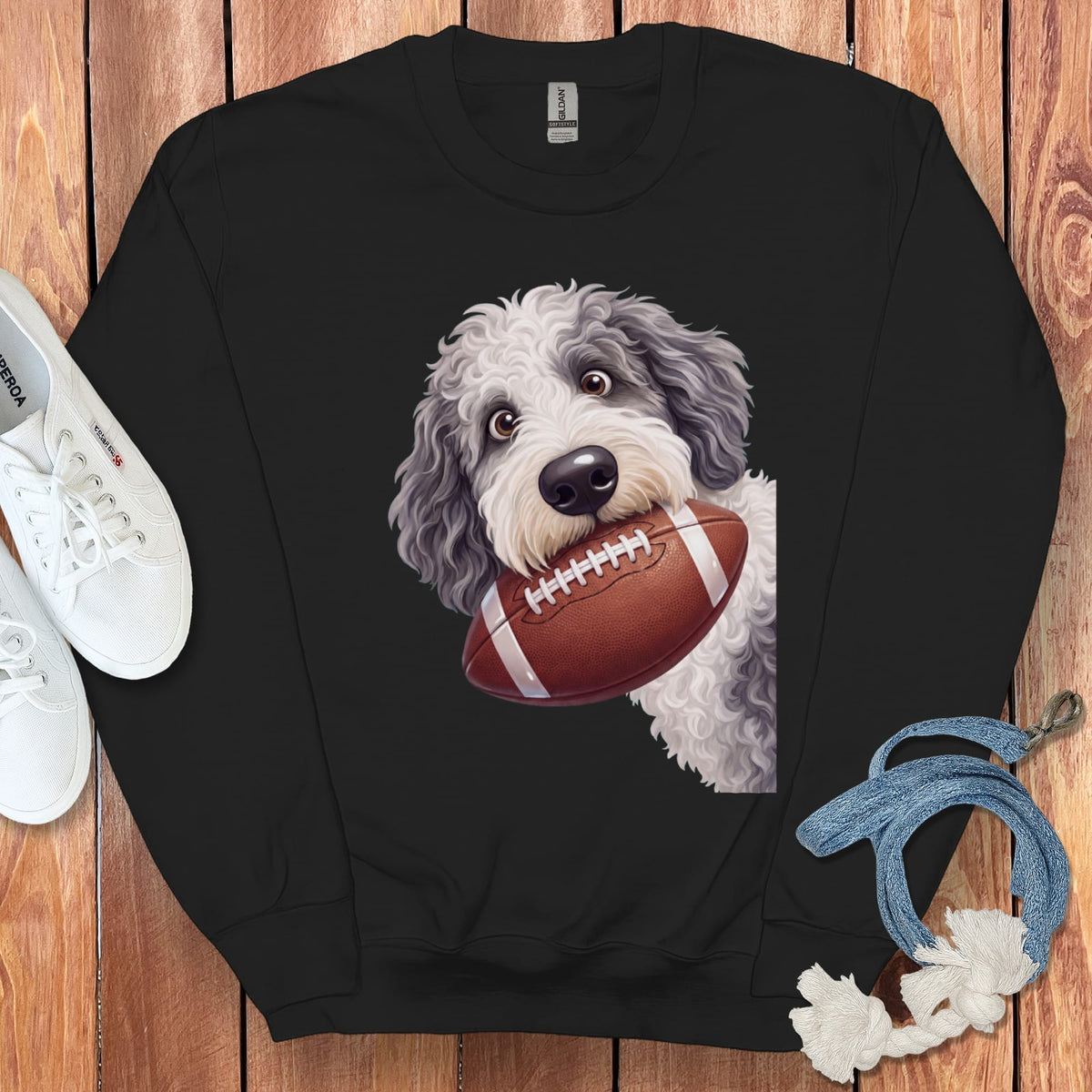 Sheepadoodle Football Sweatshirt in Black / S by Puppy Jo
