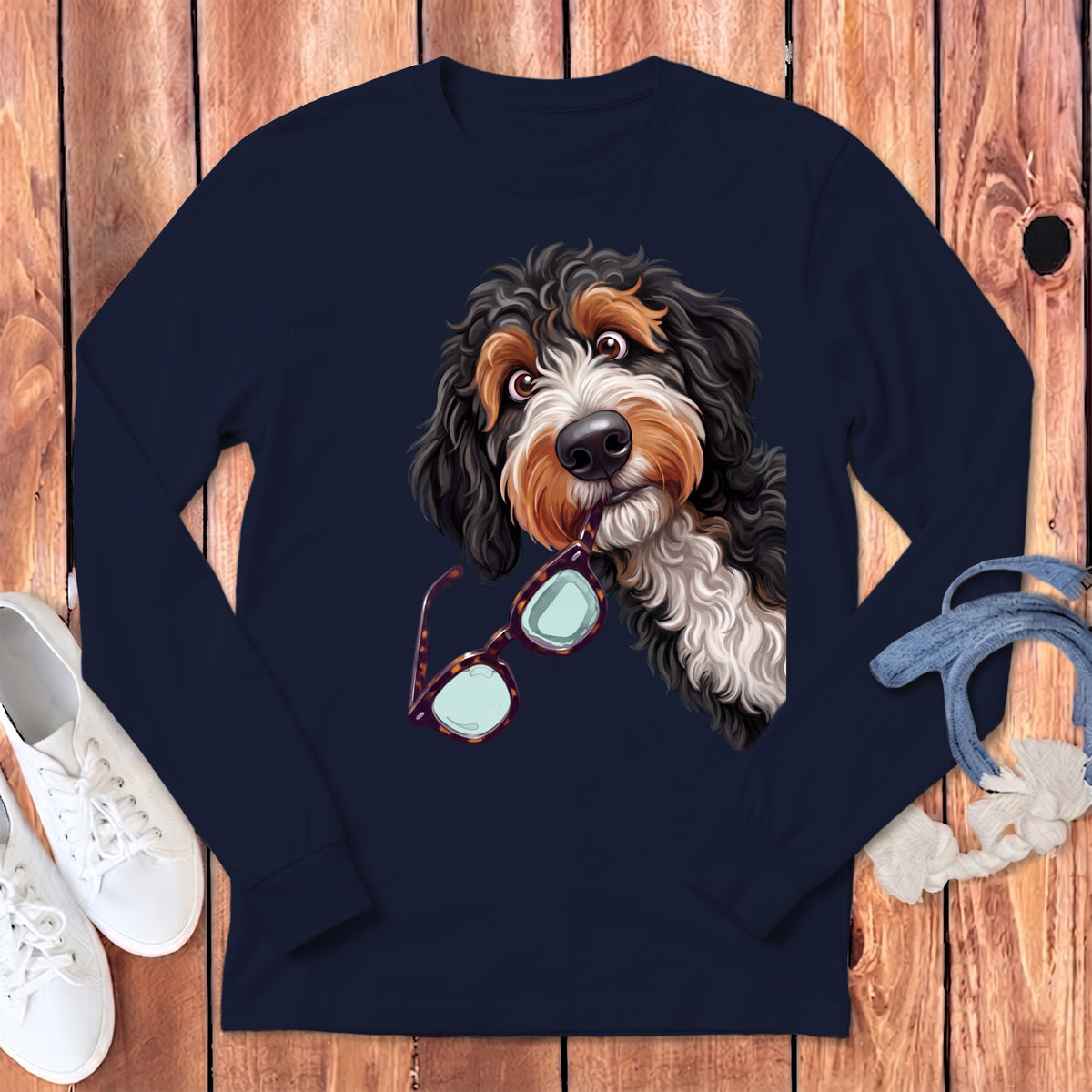 Dark blue long-sleeved t-shirt featuring a graphic of a Bernedoodle holding glasses in its mouth.