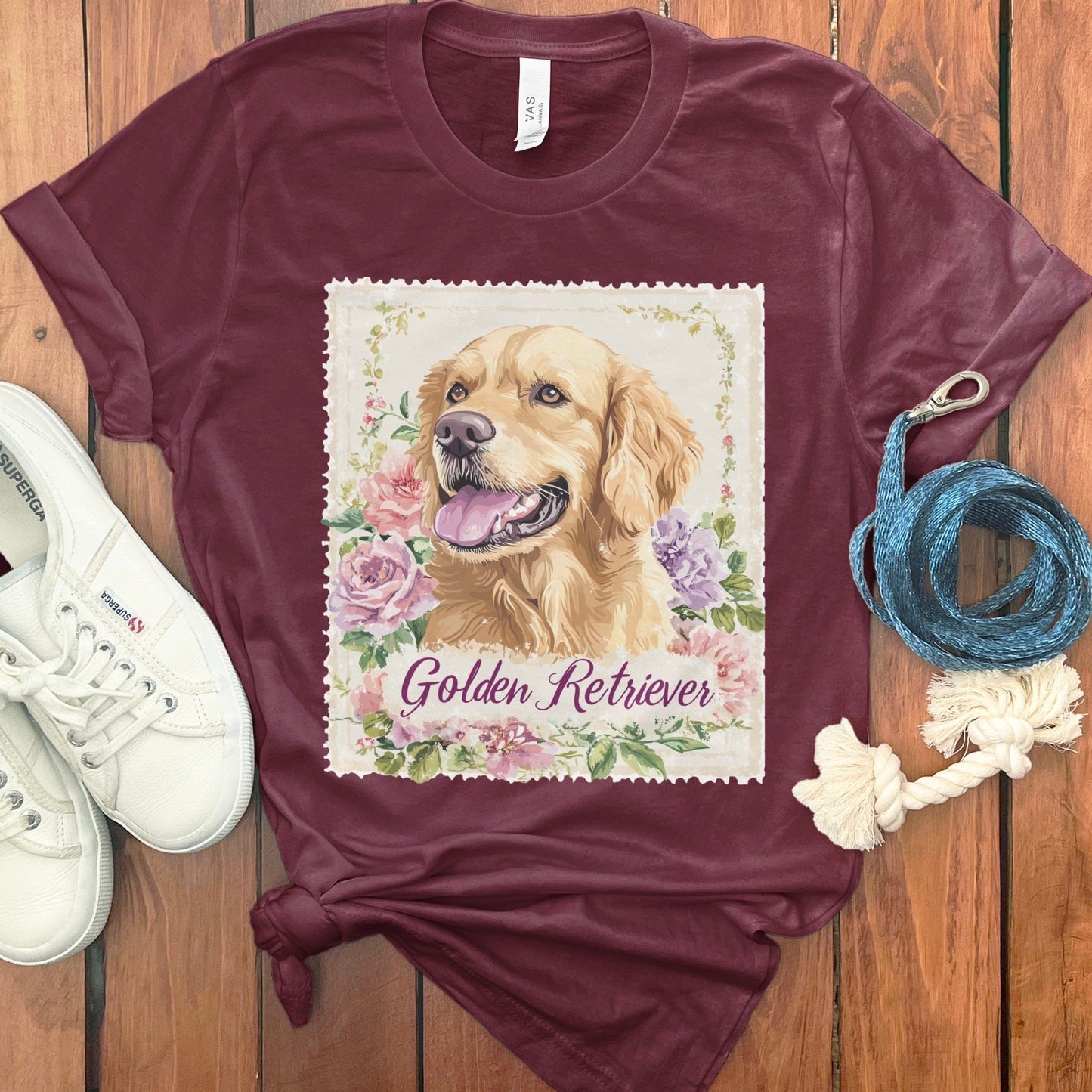 Golden Retriever Floral Design Maroon T-shirt product type