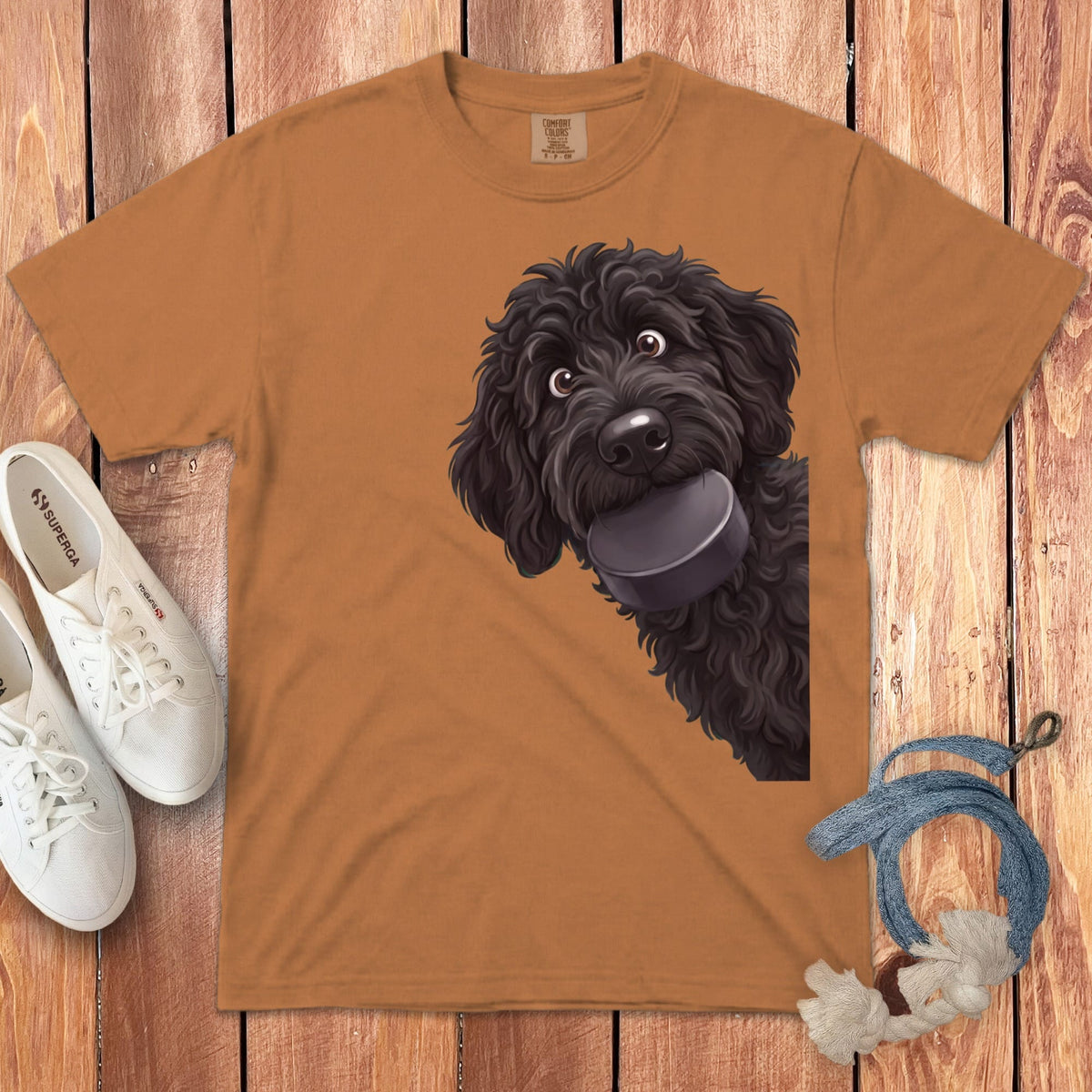 Black Goldendoodle Hockey Puck Signature T-Shirt in Yam / S by Puppy Jo