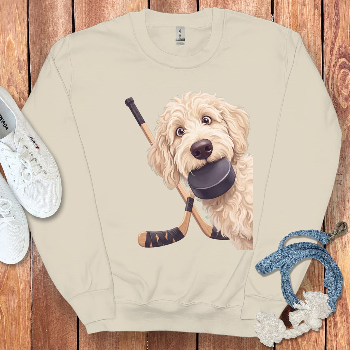 Cream Goldendoodle Hockey Sweatshirt in Sand / S by Puppy Jo