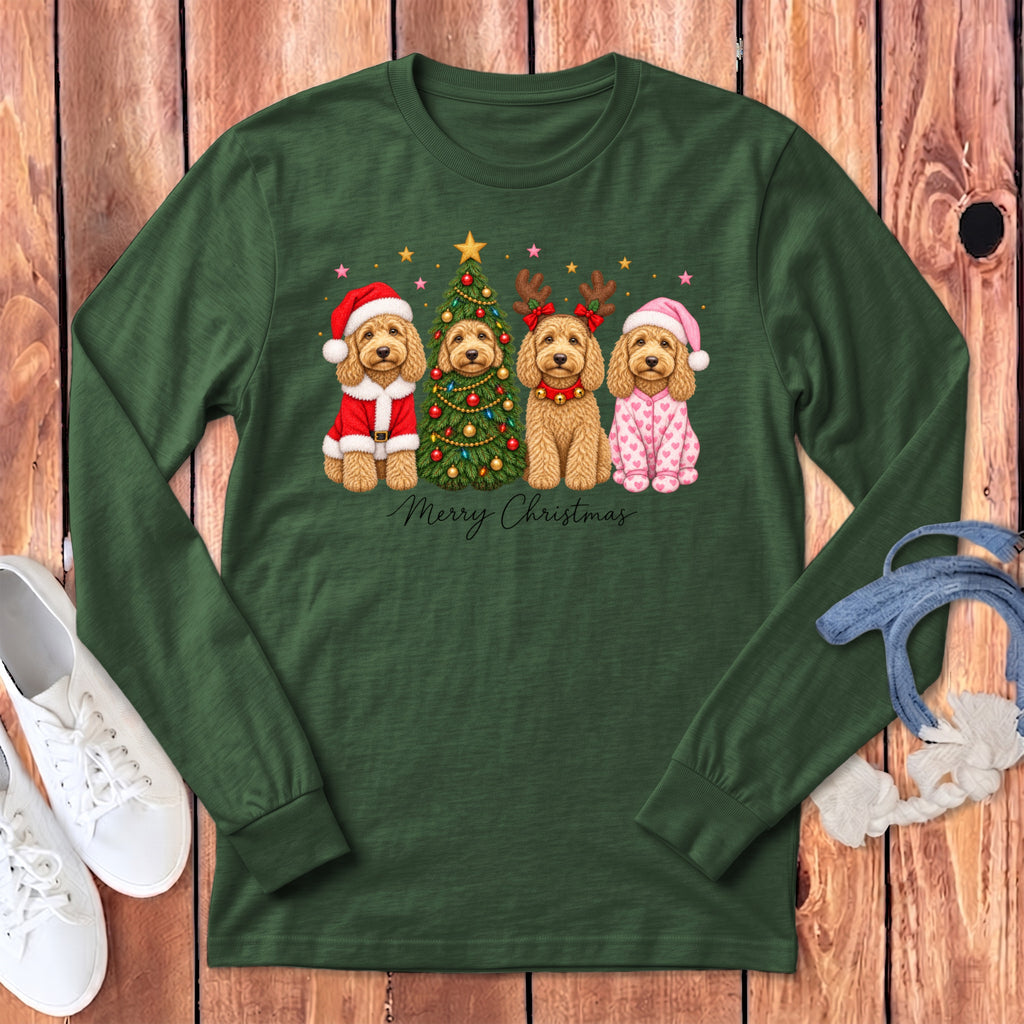 A dark green long-sleeve shirt featuring a graphic of four doodle dogs celebrating Christmas.