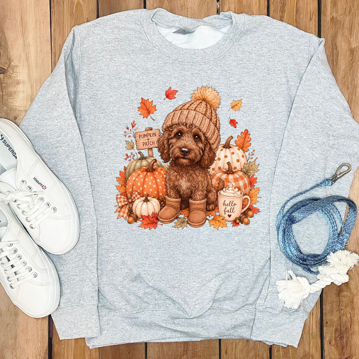 Chocolate Goldendoodle Pumpkin Patch Sweatshirt in Sport Grey / S by Puppy Jo