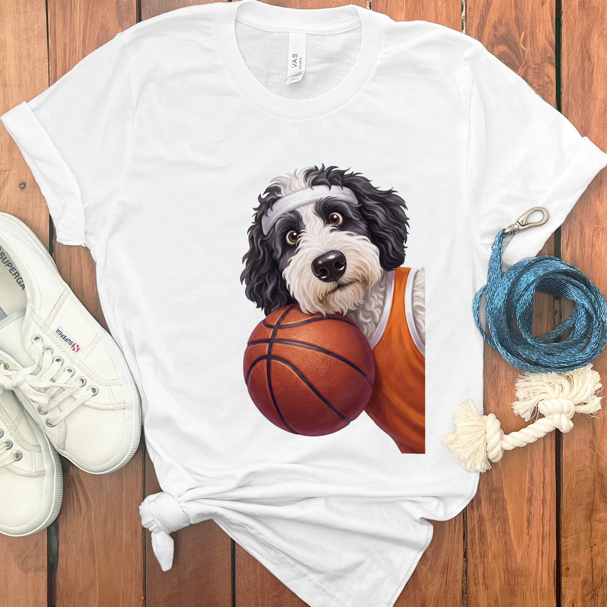 Sheepadoodle Basketball Player T-Shirt in White / S by Puppy Jo