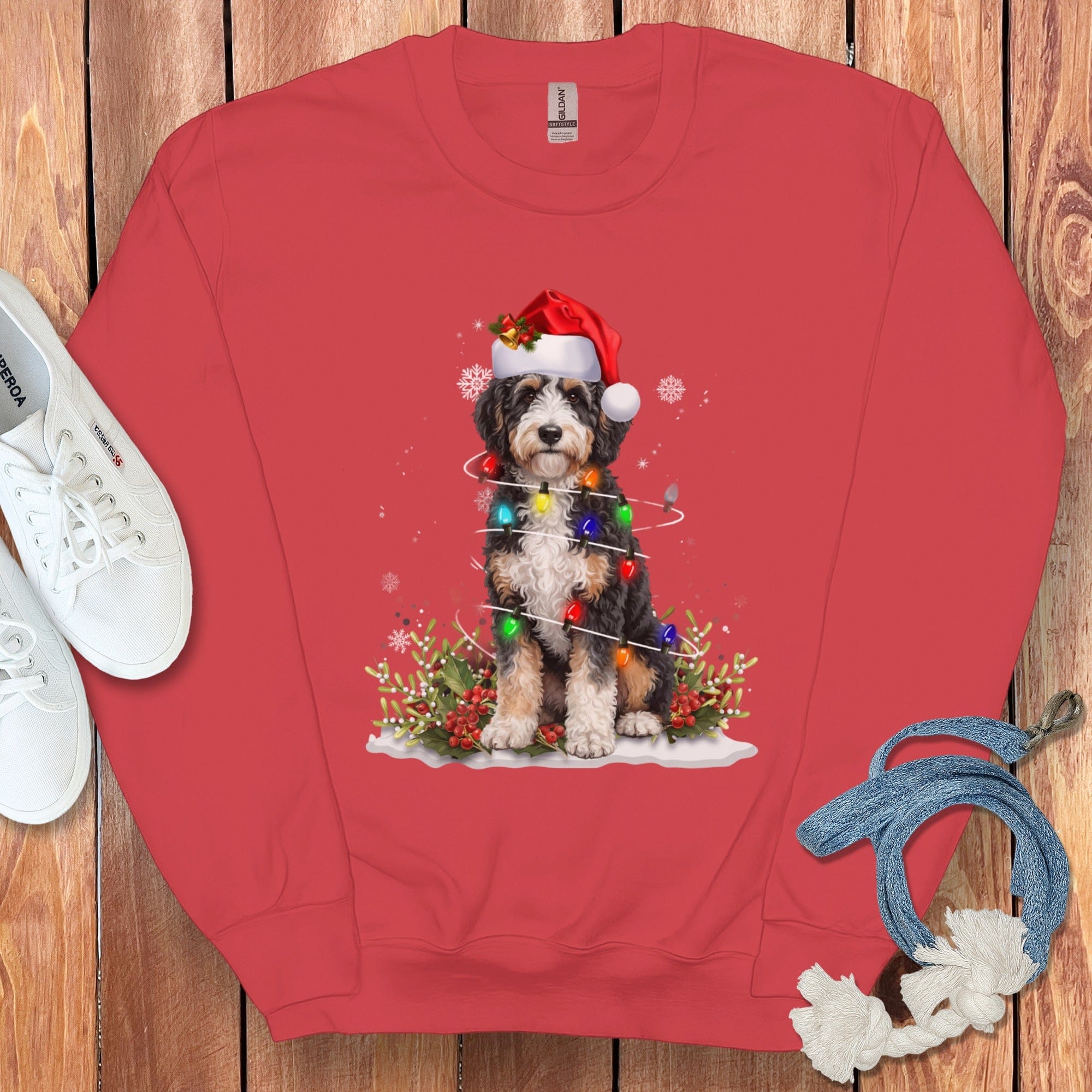 Festive Dog in Santa Hat Lighting Up Christmas Sweatshirt