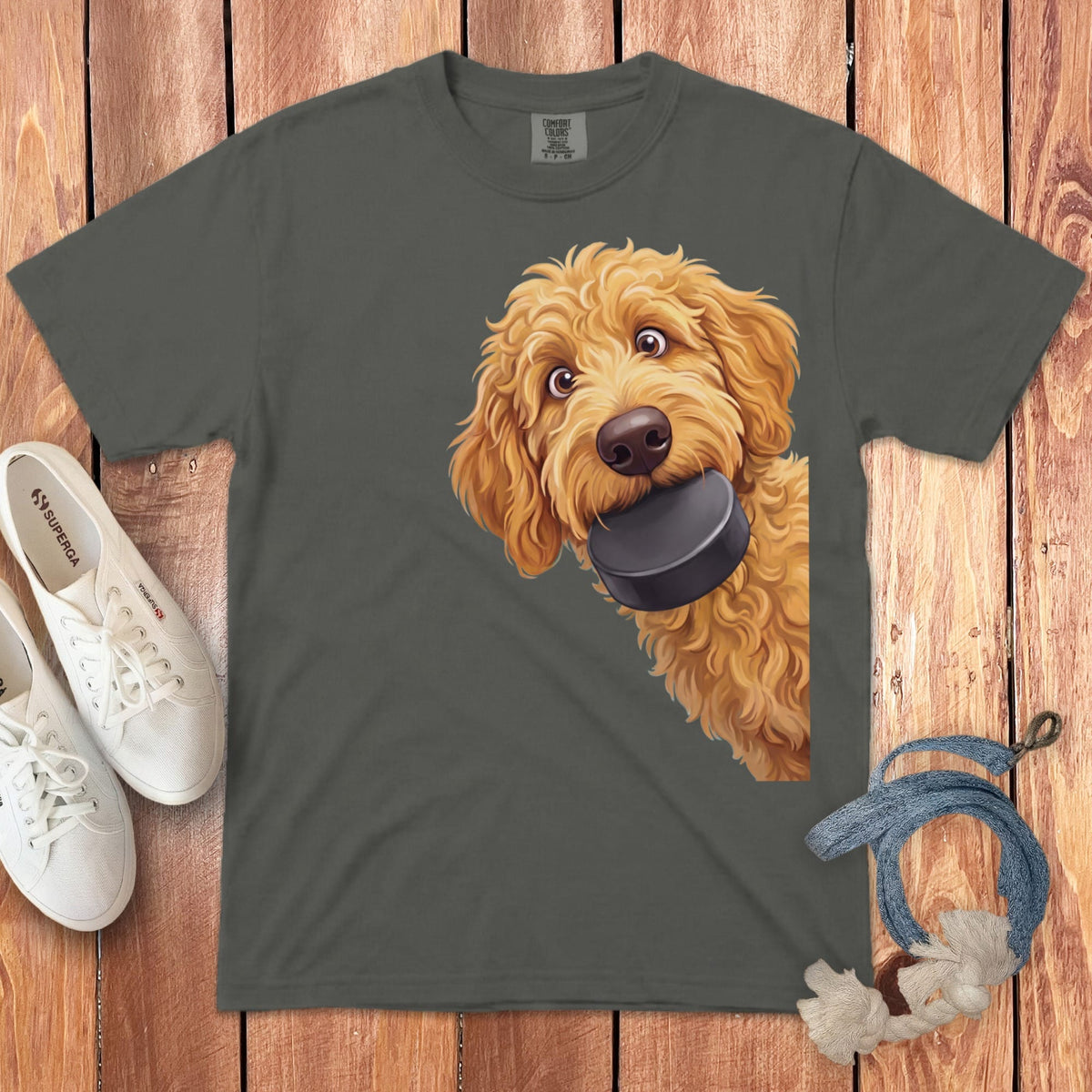 Golden Goldendoodle Hockey Puck Signature T-Shirt in Pepper / S by Puppy Jo