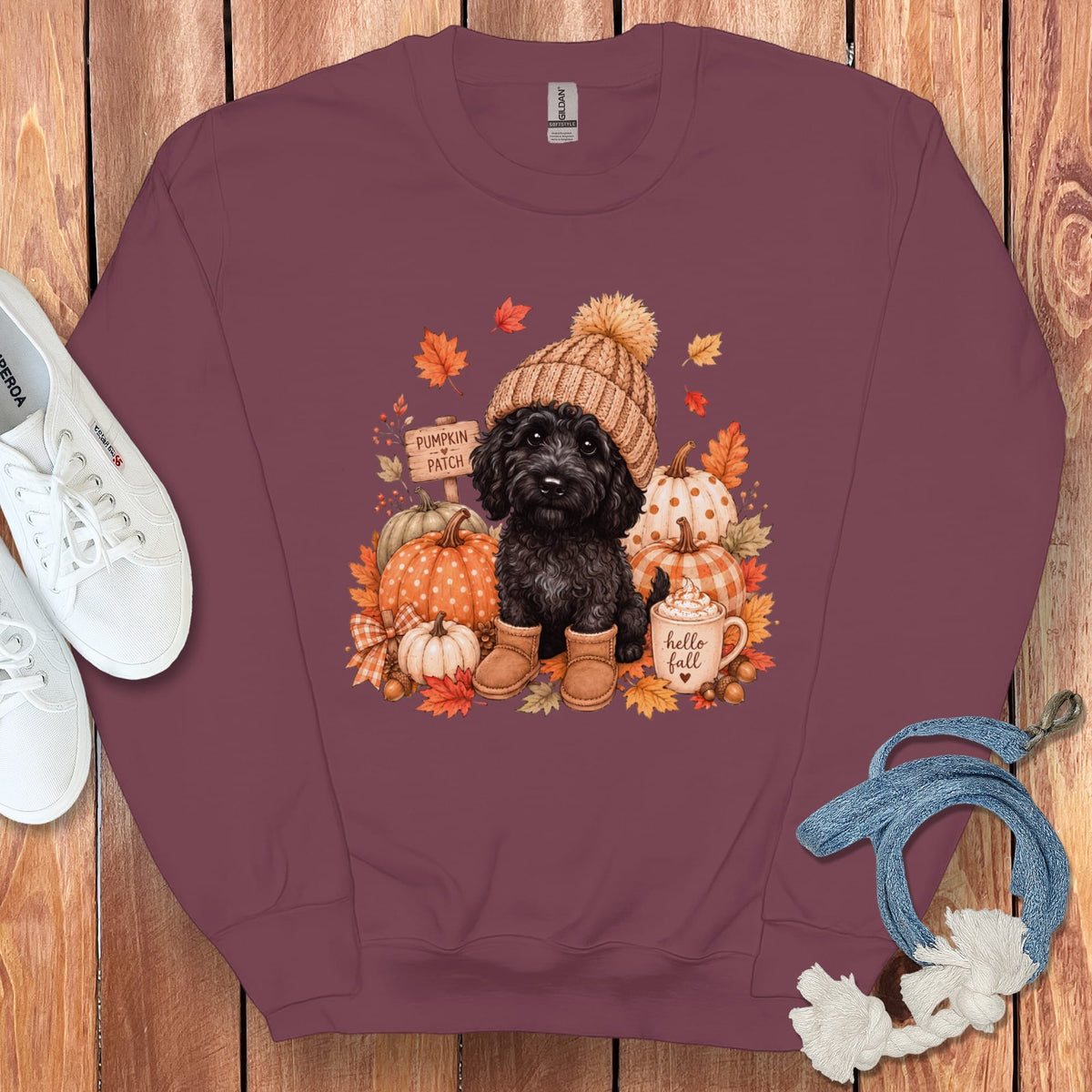 Black Goldendoodle Pumpkin Patch Sweatshirt in Maroon / S by Puppy Jo