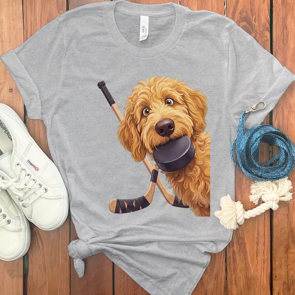 Golden Goldendoodle Hockey T-Shirt in Athletic Heather / S by Puppy Jo