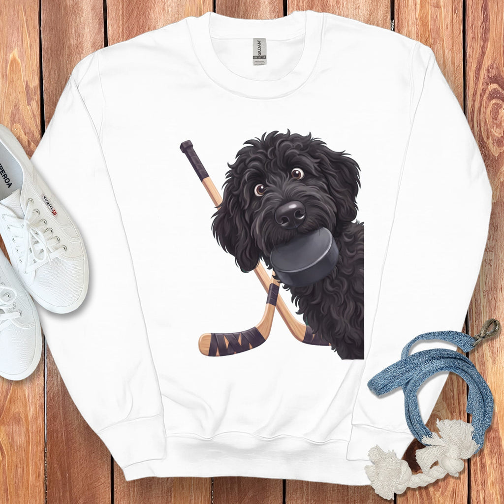 Black Goldendoodle Hockey Sweatshirt in White / S by Puppy Jo