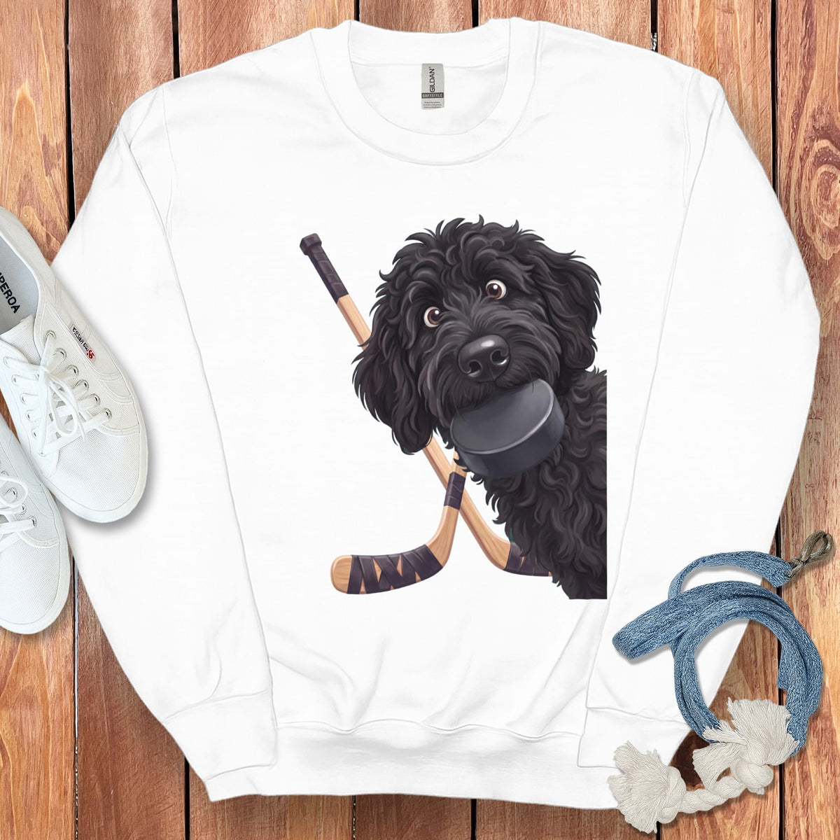 Black Goldendoodle Hockey Sweatshirt in White / S by Puppy Jo