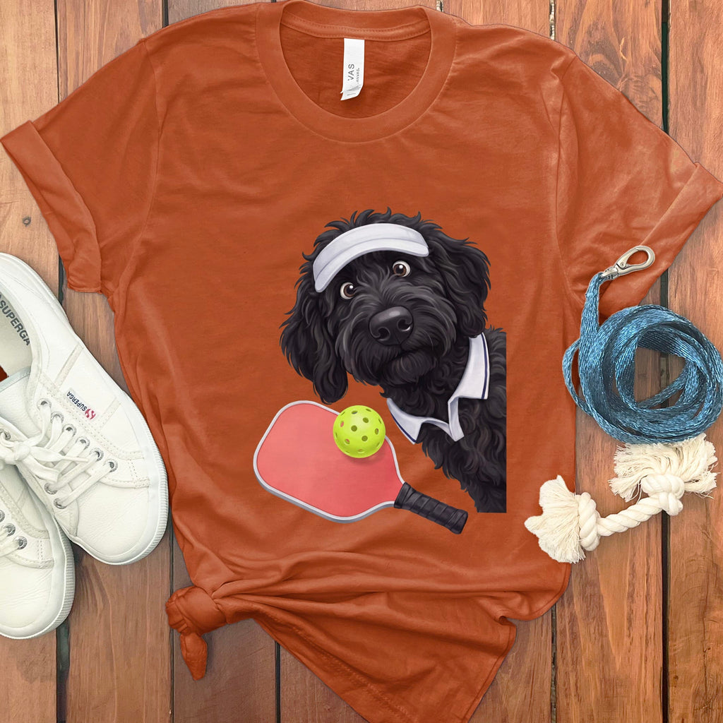 Black Goldendoodle Pickleball Player T-Shirt in Autumn / S by Puppy Jo