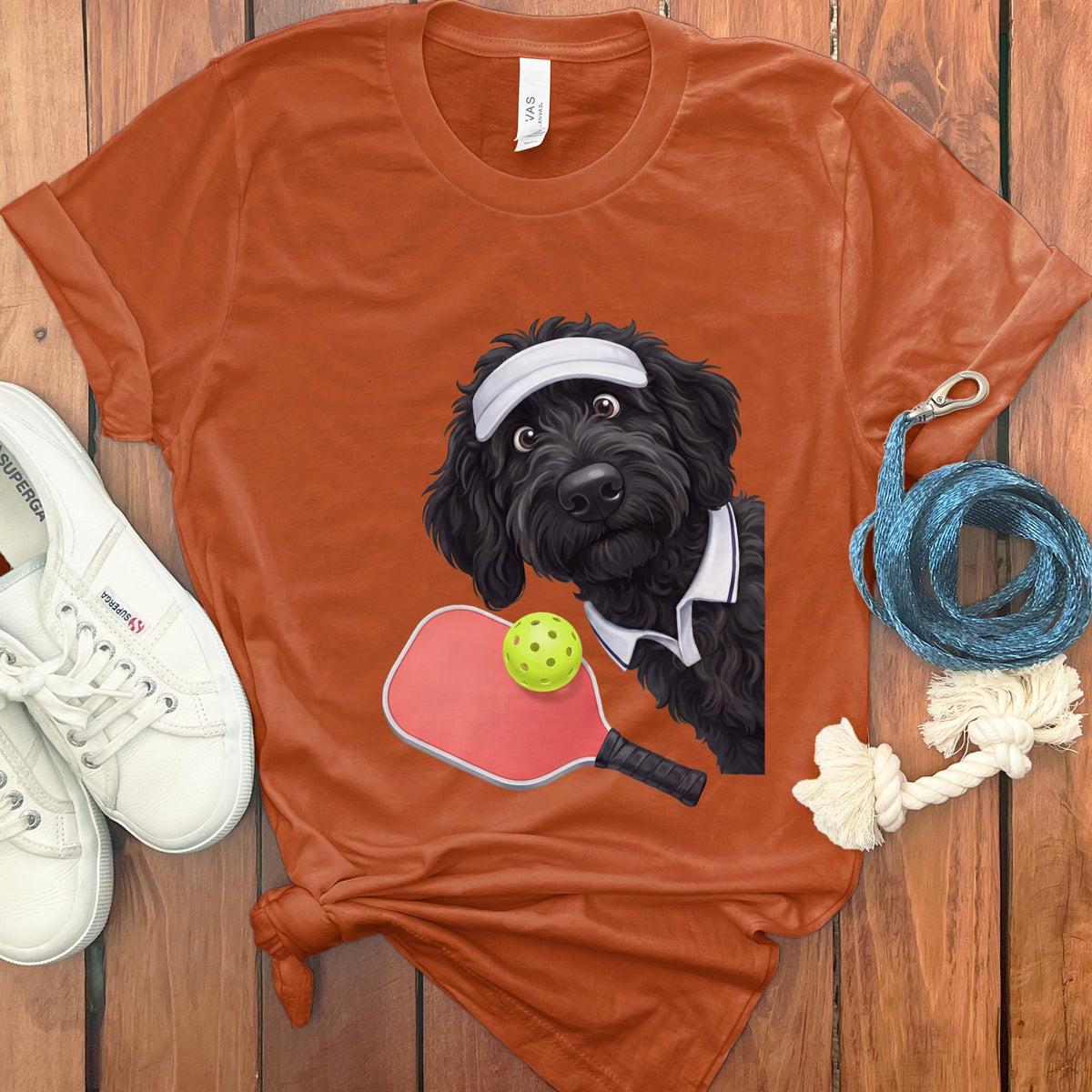 Black Goldendoodle Pickleball Player T-Shirt in Autumn / S by Puppy Jo
