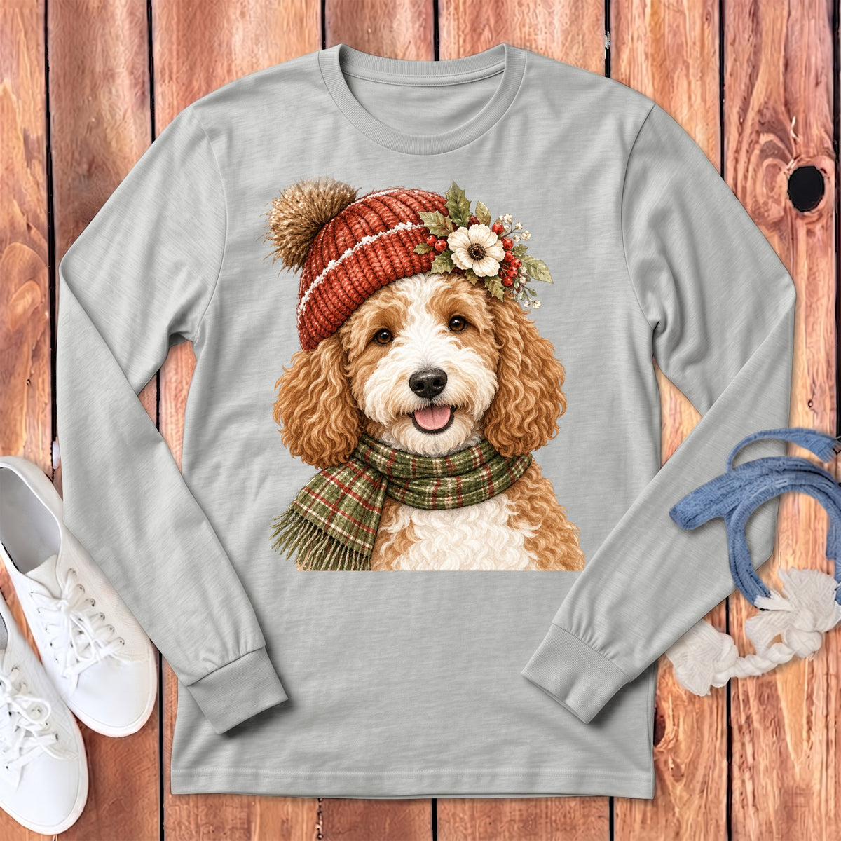 Light grey long-sleeve shirt with a festive goldendoodle wearing a knit hat and scarf.