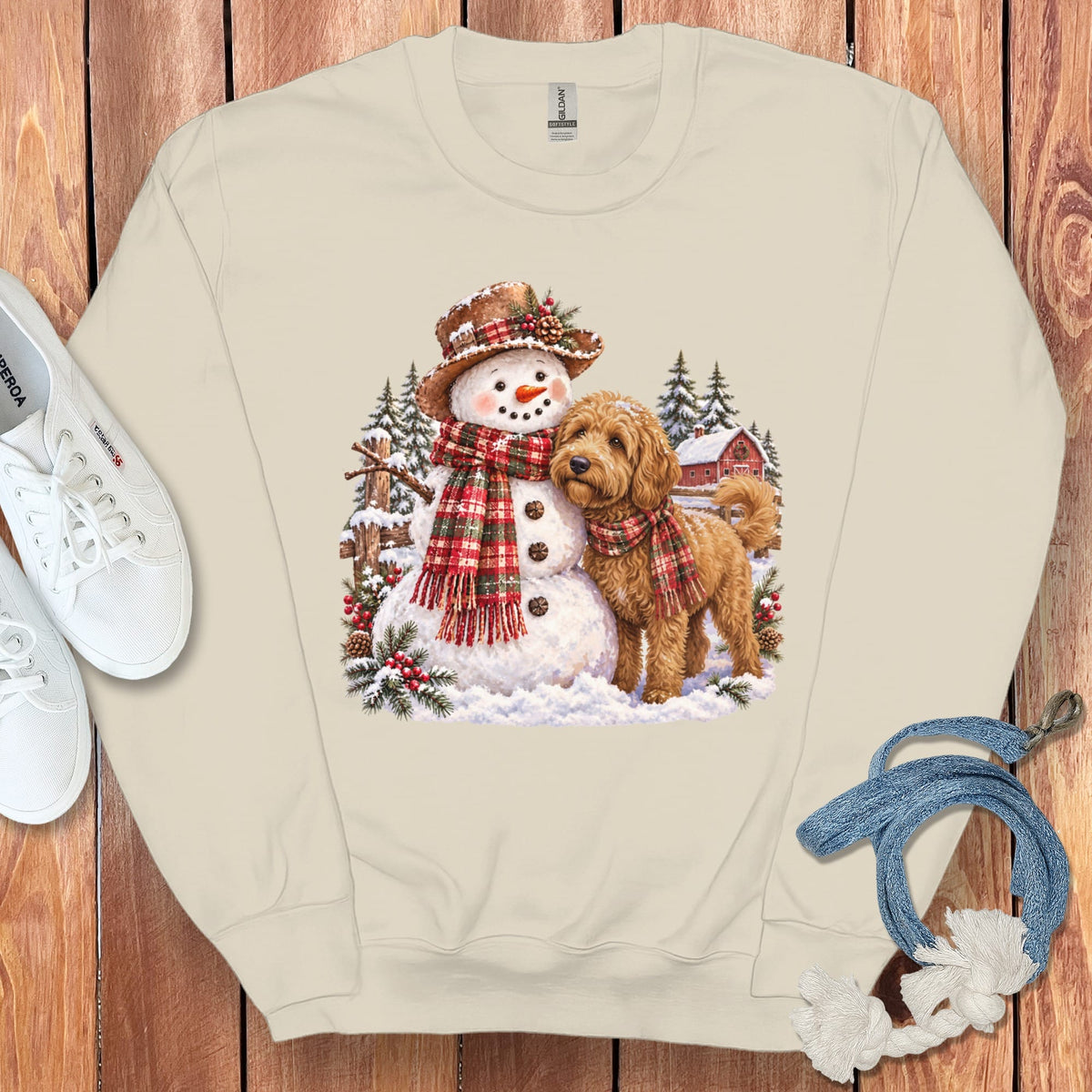 Apricot Goldendoodle Christmas Snowman Sweatshirt in Sand / S by Puppy Jo