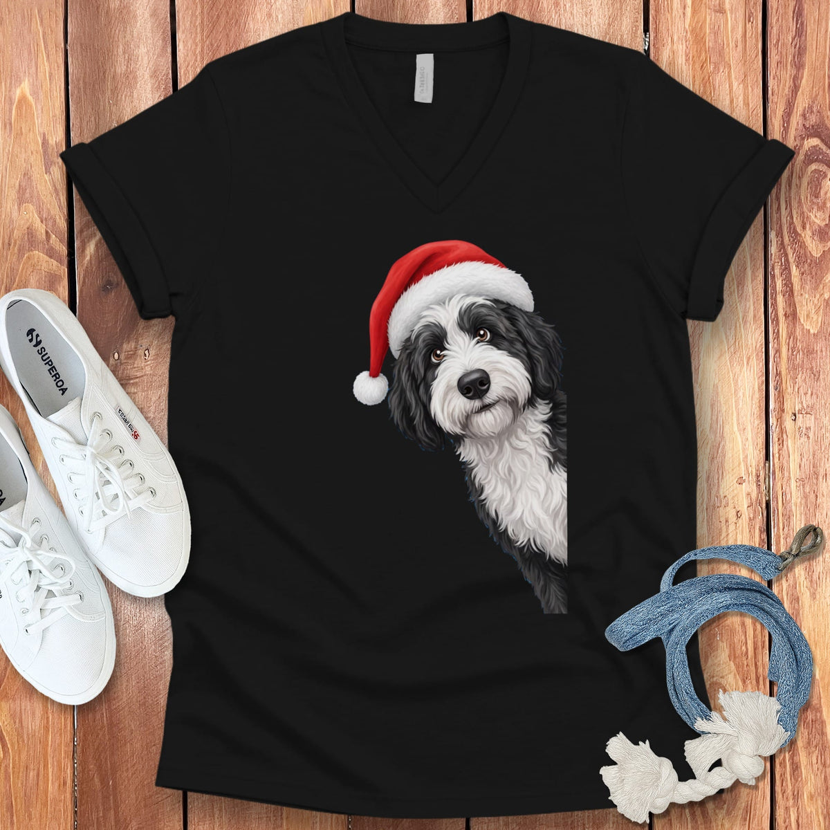 Sheepadoodle Holiday Santa V-Neck T-Shirt in Black / S by Puppy Jo