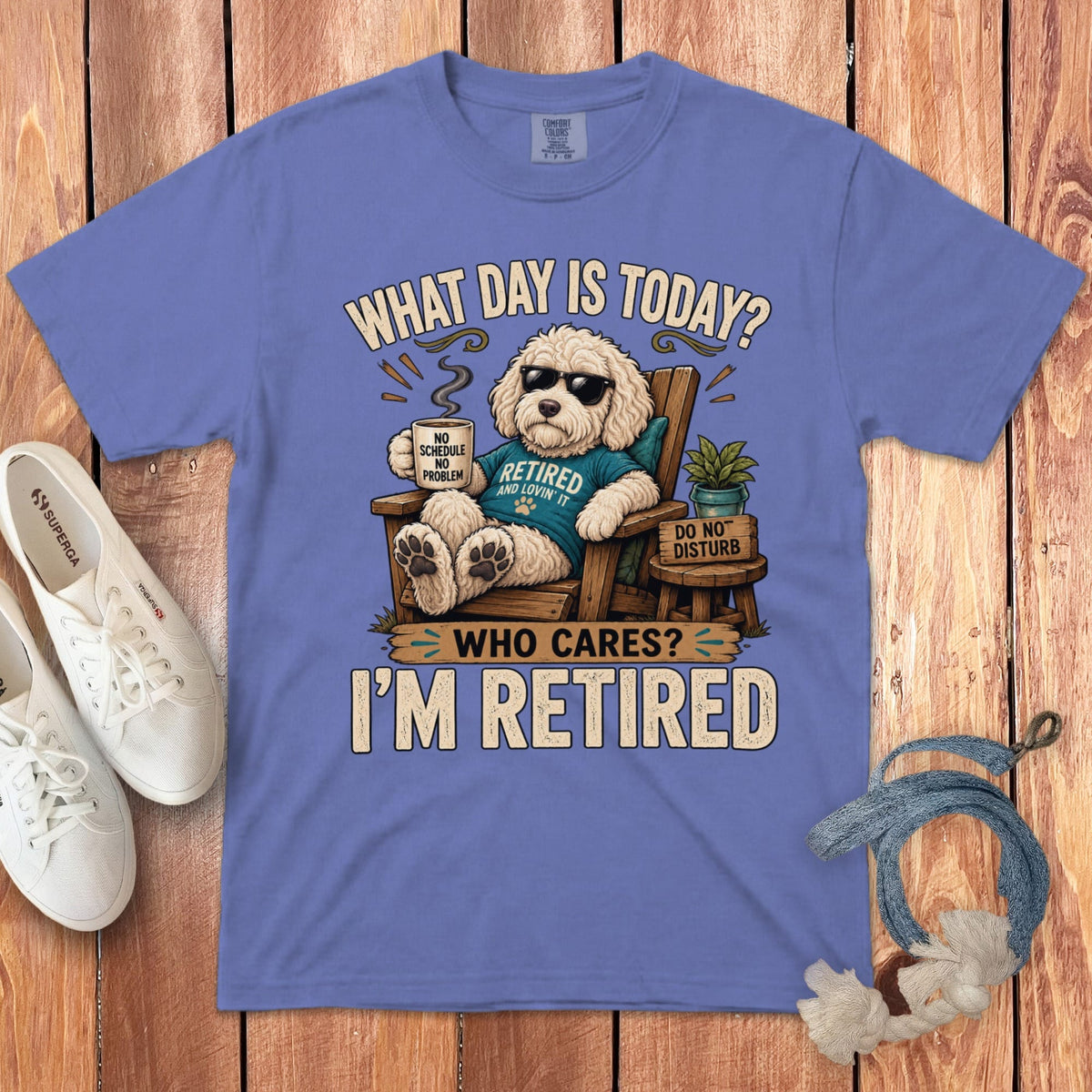 I'm Retired Cream Goldendoodle Signature T-Shirt in Flo Blue / S by Puppy Jo