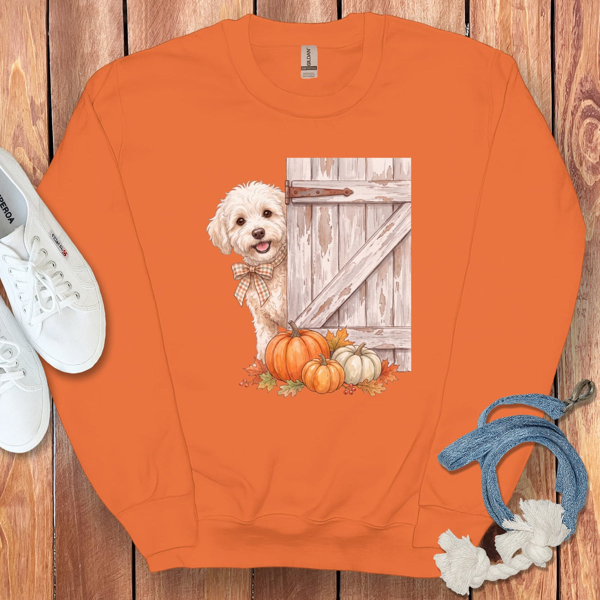 Maltipoo Barn Peeking Sweatshirt in Orange / S by Puppy Jo