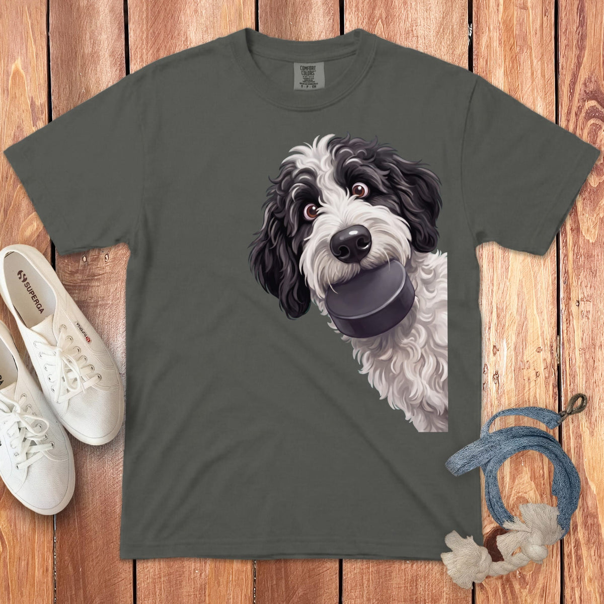 Sheepadoodle Hockey Puck Signature T-Shirt in Pepper / S by Puppy Jo