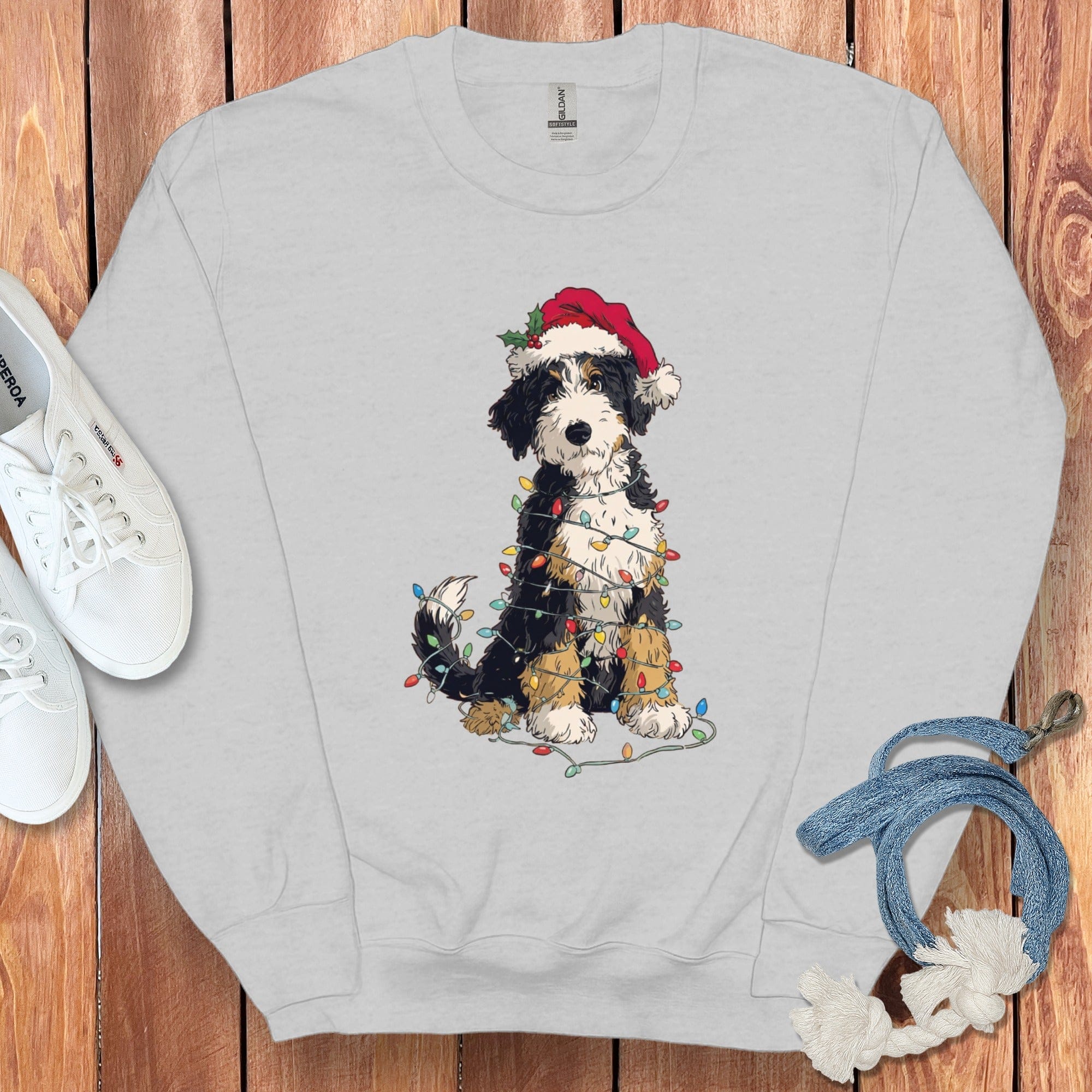 Cute Festive Dog in Christmas Lights Shirt