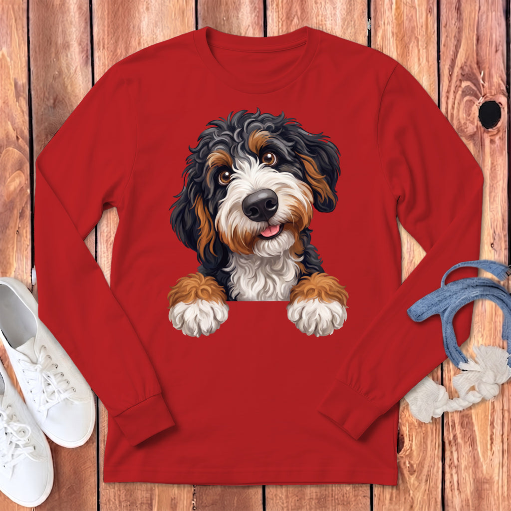 Red long sleeve shirt with a Bernese Mountain Dog puppy graphic.