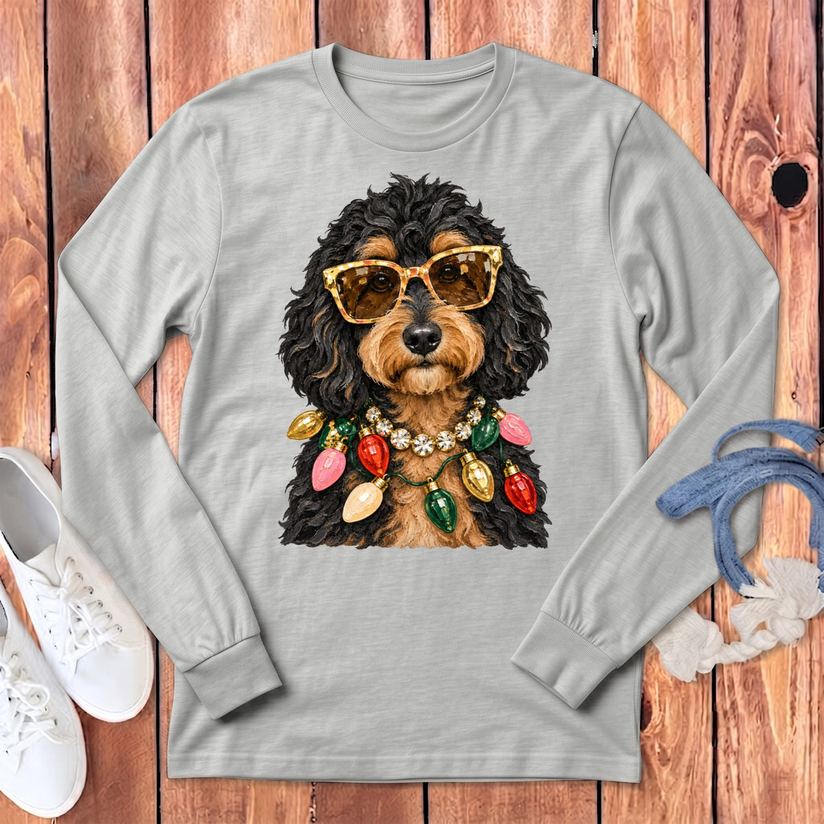 Phantom Goldendoodle Christmas Glam Long Sleeve T-Shirt in Athletic Heather / S by Puppy Jo