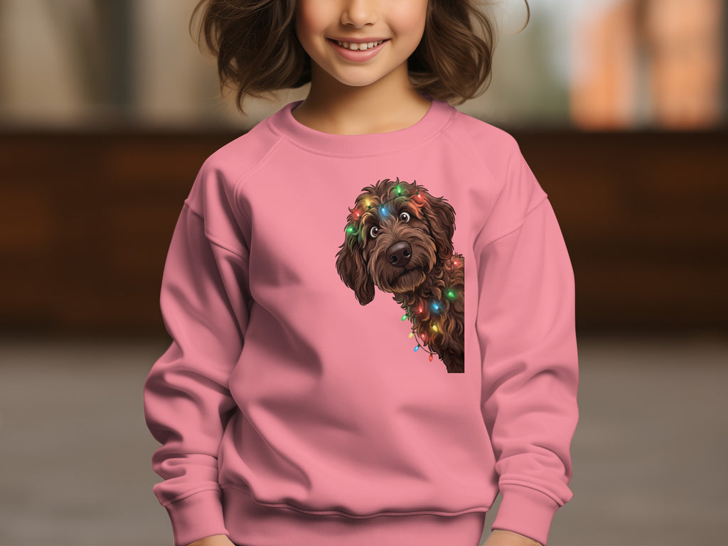 Girl wearing pink sweatshirt with a brown dog wearing colorful Christmas lights design.