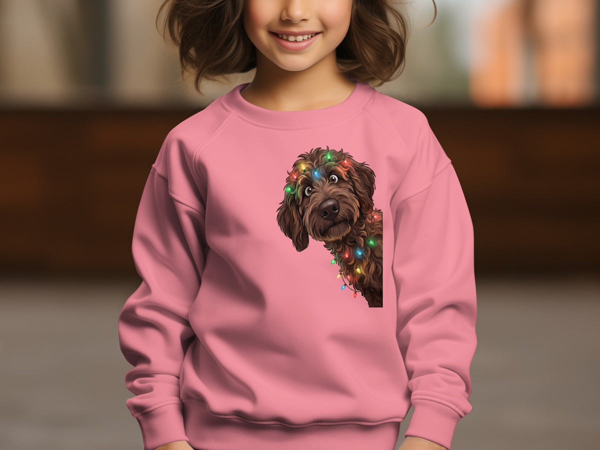 Girl wearing pink sweatshirt with a brown dog wearing colorful Christmas lights design.