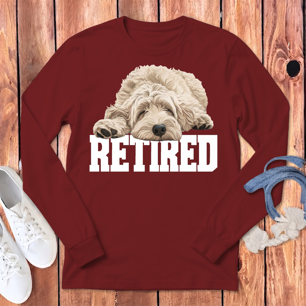 Retired Sleeping Cream Goldendoodle Long Sleeve T-Shirt in Cardinal / S by Puppy Jo