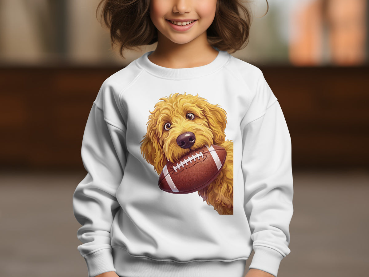White sweatshirt with a cartoon golden retriever holding a football.