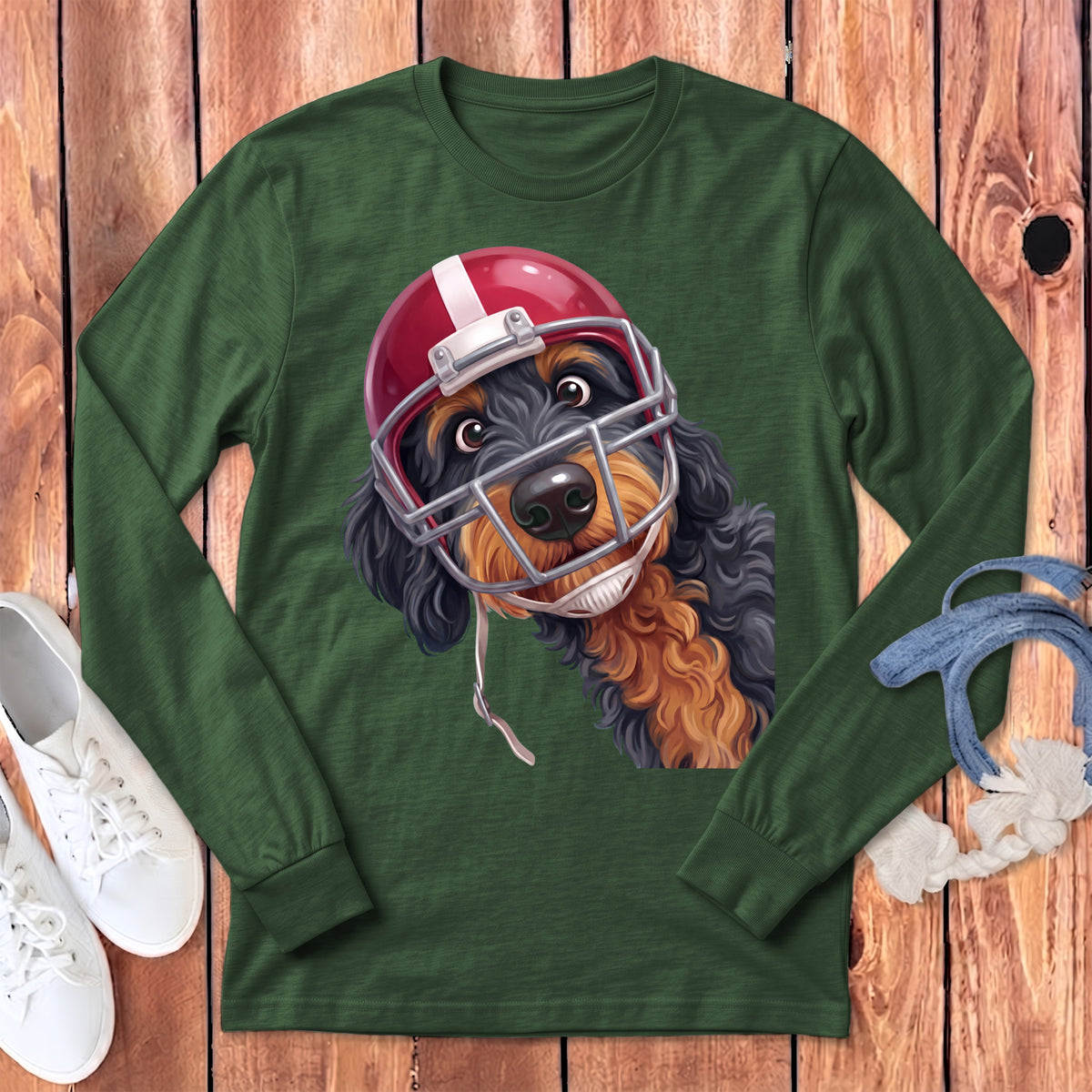 Green long-sleeve t-shirt with a cartoon dog wearing a football helmet and face mask.