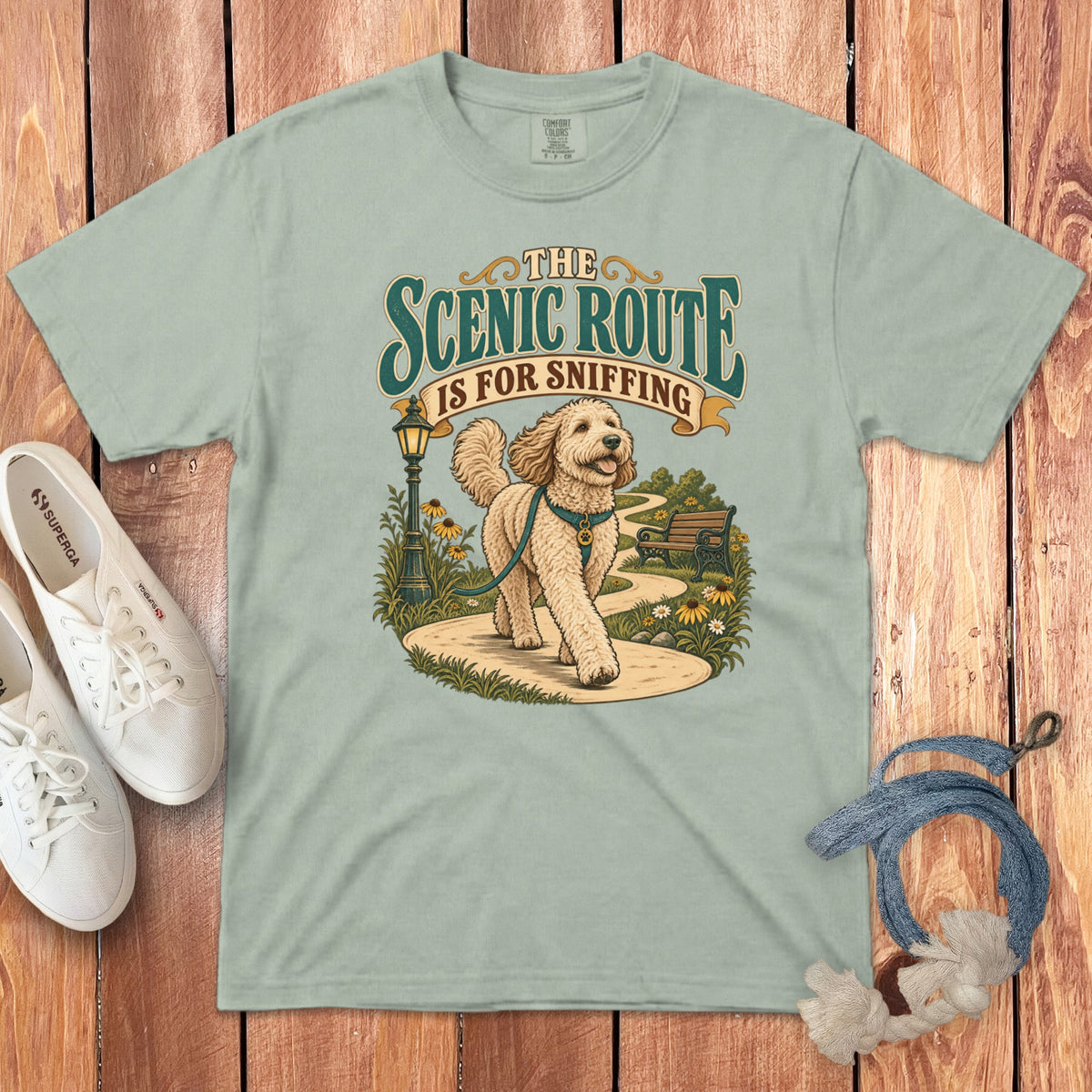 A light green crewneck t-shirt featuring a cartoon dog walking on a winding path, surrounded by white sneakers and a leash on a wooden background.