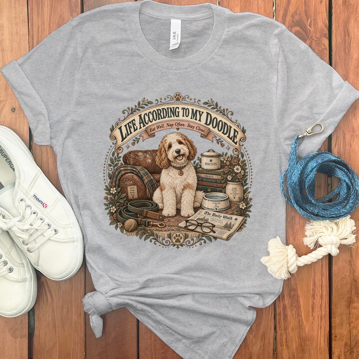 Grey t-shirt with doodle dog graphic and text "Life According to My Doodle".