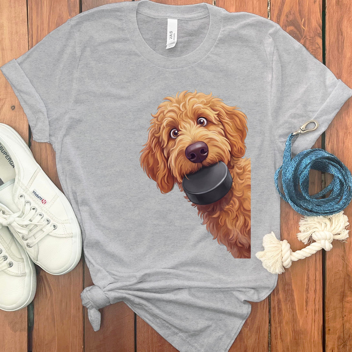 Apricot Goldendoodle Hockey Puck T-Shirt in Athletic Heather / S by Puppy Jo