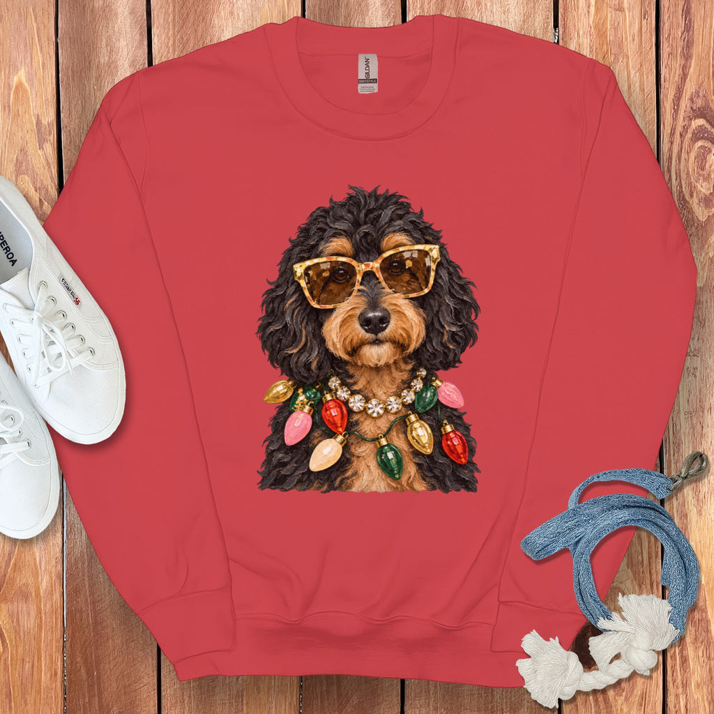 Crewneck sweatshirt with a doodle dog wearing sunglasses and Christmas lights.