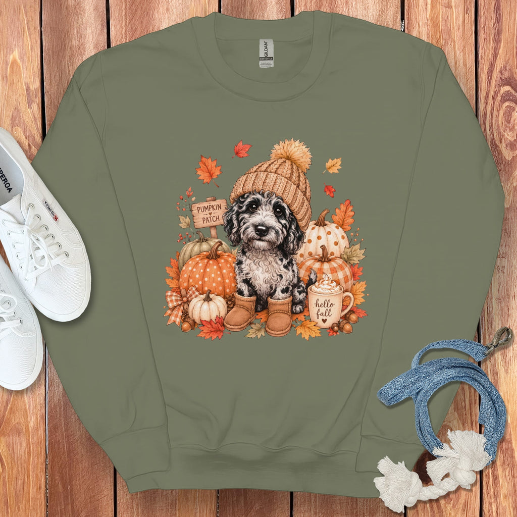 Merle Goldendoodle Pumpkin Patch Sweatshirt in Military Green / S by Puppy Jo