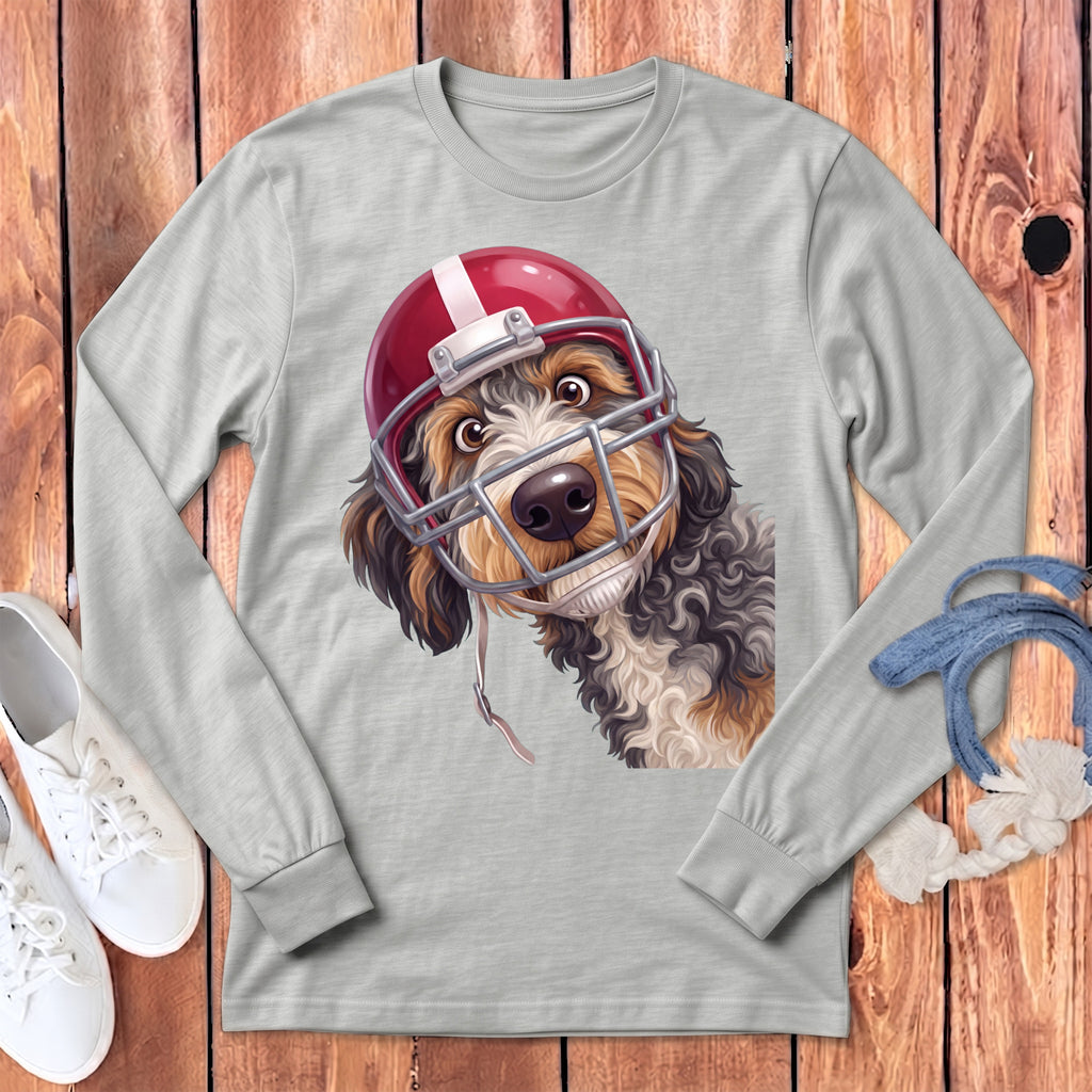 Light grey long-sleeve t-shirt with a dog wearing a football helmet graphic.